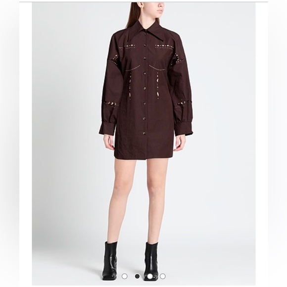🤎 Nanushka Brown Laser-Cut Cotton Poplin Shirt Dress L Button Front Western🤎 - Picture 1 of 7
